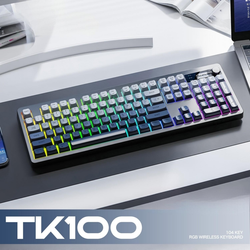 TK100 Wireless Bluetooth Dual-Mode Keyboard PBT Spherical Keycaps Display Knob Office Gaming Keyboard